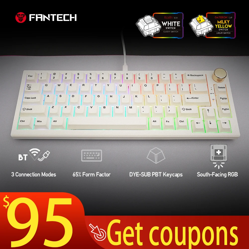 fantech maxfit67 bluetooth wireless hot swap keyboard pbt dye sub keycaps rgb wired knob encoder kailh box gateron milky yellow free global shipping