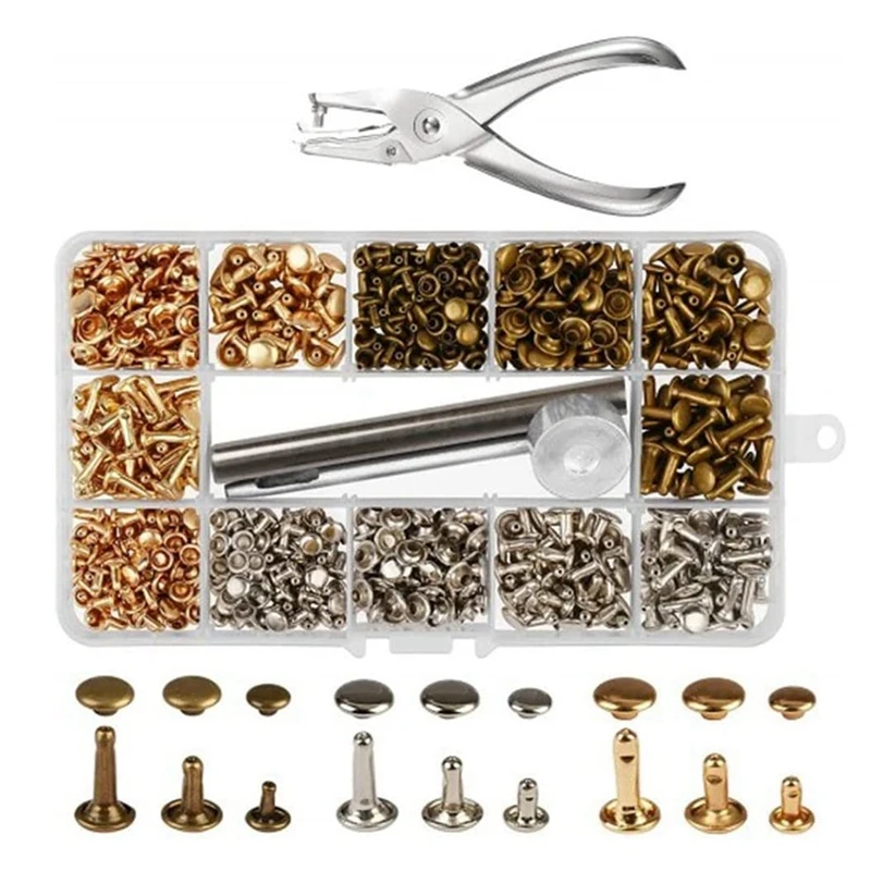 

Rivets For Leather, 300 Sets Double Cap Rivets 3 Sizes 3 Colors And 4 Fixing Tools DIY Leather Craft Clothes Boots Bags