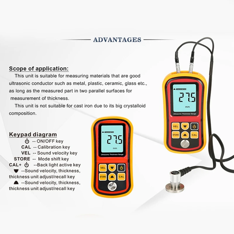 

GM100 Digital LCD Display Ultrasonic Thickness Gauge Metal Glass Ceramics1.2-225Mm Sound Velocity Meter 0.1Mm Resolution