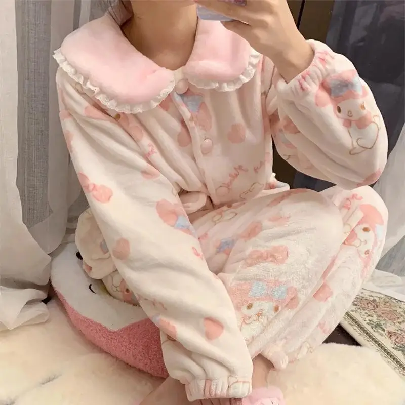 

New Kawaii Sanrio My Melody Cartoon Cute Girl Pink Plush Pajama Set Coral Velvet Can Be Worn Outside The Home Toys for Girls