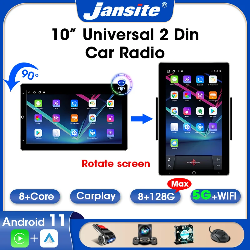 

Универсальная Автомагнитола Jansite, мультимедийный видеоплеер на Android, с 10 "экраном, 4G/5G Carplay, для Volkswagen, Nissan, Hyundai, Kia, типоразмер 2DIN