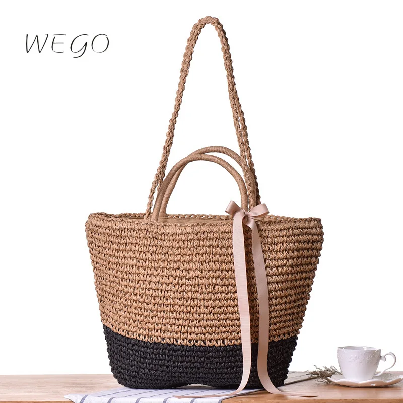 

Bohemian Shoulder Handheld Bags Straw Weaven Bow Dual Use Grass Woven for Holiday Beach Bag