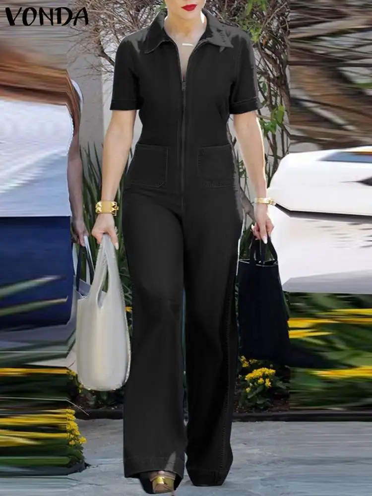 VONDA Summer Jumpsuit Women Sexy Party Playsuits 2023 Fashion Causal Pockets Lapel Zipper Short Seeve Rompers High Streetwear