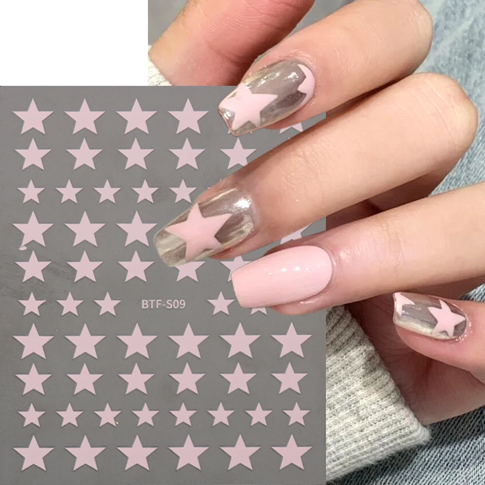 

Blue Pink Star Nail Stickers Heart Nail Charms Self-Adhesive Sliders Silver Chrome Gel Polish Decals Kawaii Accesories GLLS-J49