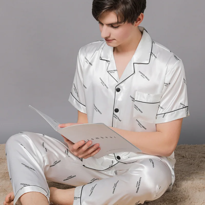 Flame Of Dream Spring And Summer Men's Silk Short Sleeved Trousers Thin Pajamas Imitation Silk  Men's Home Clothes 22716