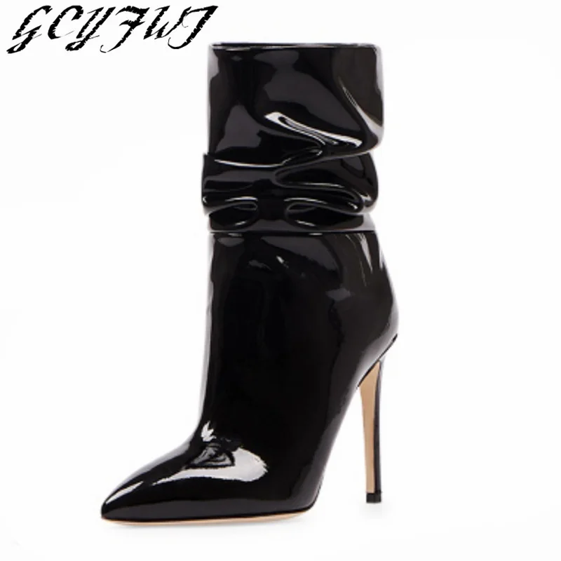 

Sexy Stiletto High Heels Mid Calf Boots Women Patent Leather Boots Ladies Winter Pointed Toe Short Boots Female Pleated Shoes