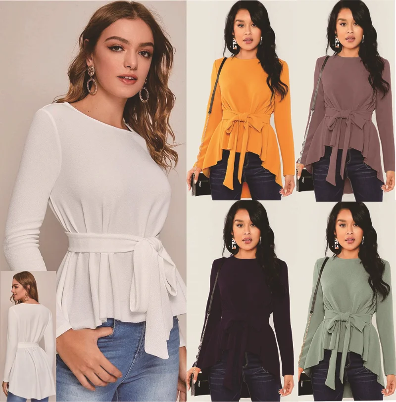 

Large Women's Pullover Solid Round Neck Long Sleeve Temperament Commuter Lace Up Shirt blusas blouses women tops