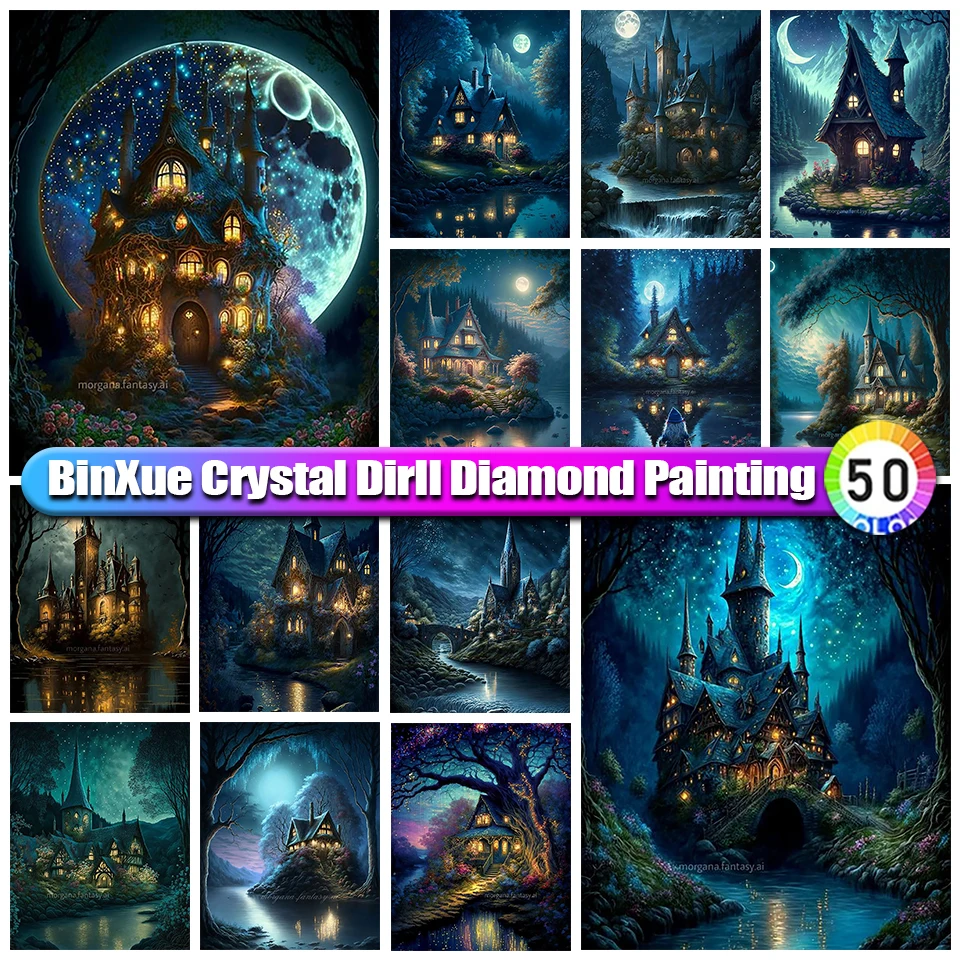 

BinXue пейзаж Lakeside замок полностью круглый кристалл алмазная живопись Луна Дерево Дом Крест искусственная мозаика домашний декор