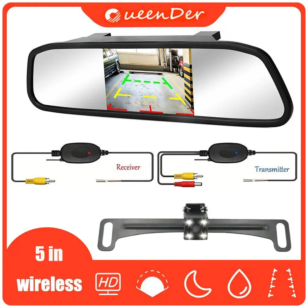 QueenDer Беспроводной 5-дюймовый зеркальный монитор заднего вида + комплект