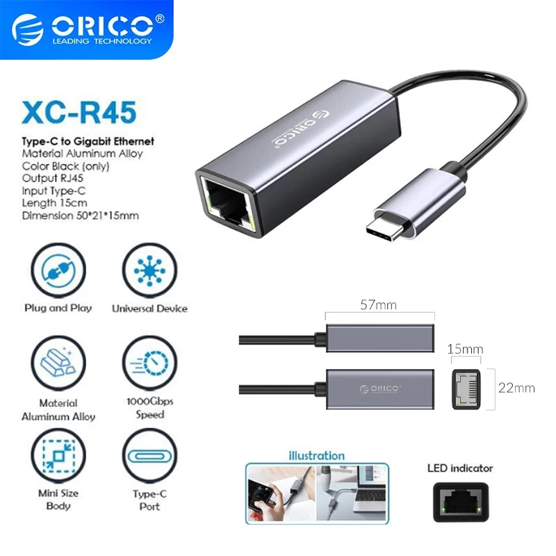 

ORICO Network Card USB3.0 Ethernet Adapt Type C to RJ45 gigabit External network card Compatible MacBook/Laptop/Phone (XC-R45)