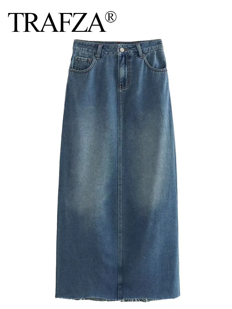 

Женская джинсовая юбка средней длины, с карманами, с разрезом спереди