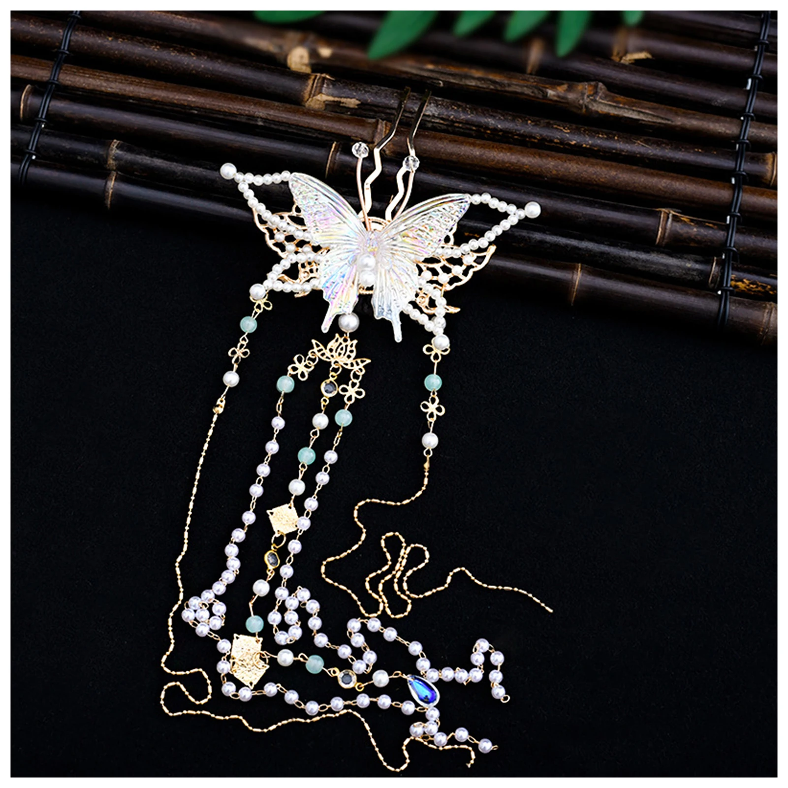 

Double Forks Chinese Hair Chopsticks Pins Butterfly Bun Holder Hair Stick with Long Pearl Tassels for Hair DIY Accessory Hair