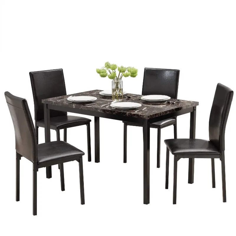 

Mainstays 5 Piece Dining Set, Faux Marble Table Top and 4 PU Chairs, Brown and Black Color,Set of 5,Include 1 Table and 4 Chairs