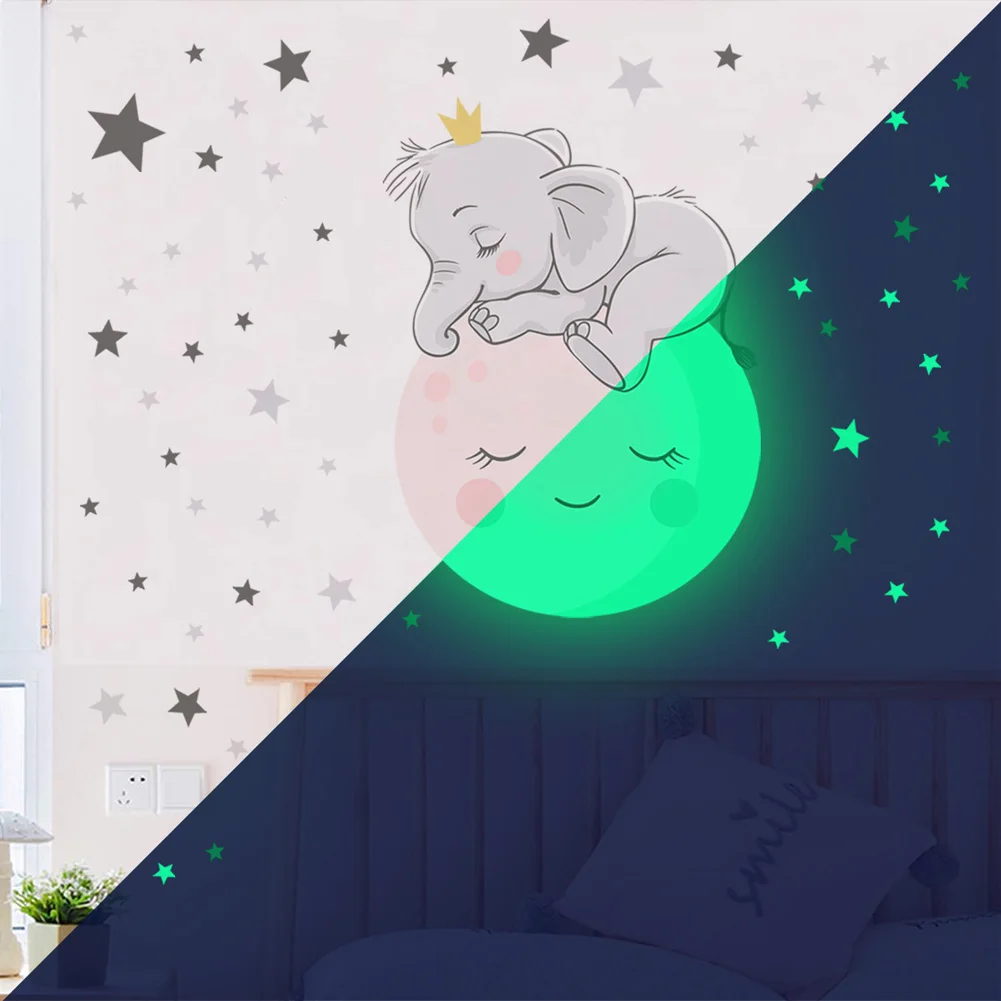 Moon Baby Elephant Sleeping Luminous Wall Sticker Kids Room Украшения для спальни Наклейки Светящиеся в