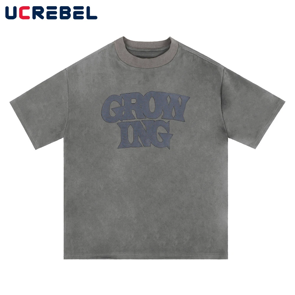 

Summer Loose Letter Short Sleeve T-shirt Mens High Street Casual Patch Half-Sleeve Tops Men