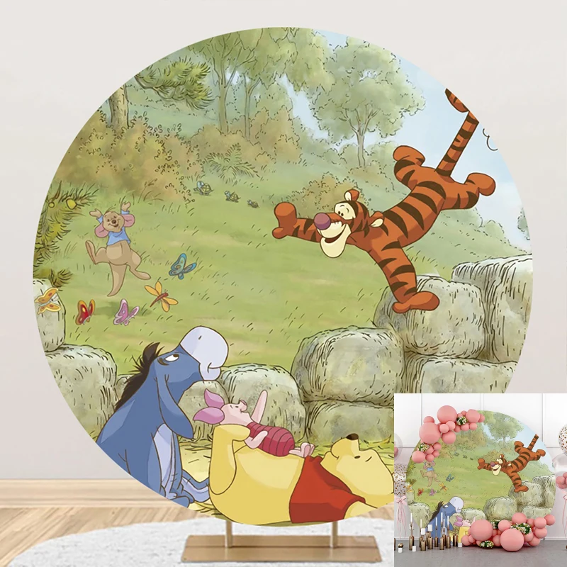 Disney-Fondo circular de Winnie The Pooh Piglet Tigger, decoración para fiesta de cumpleaños, Banner redondo, fotografía de fondo para estudio fotográfico