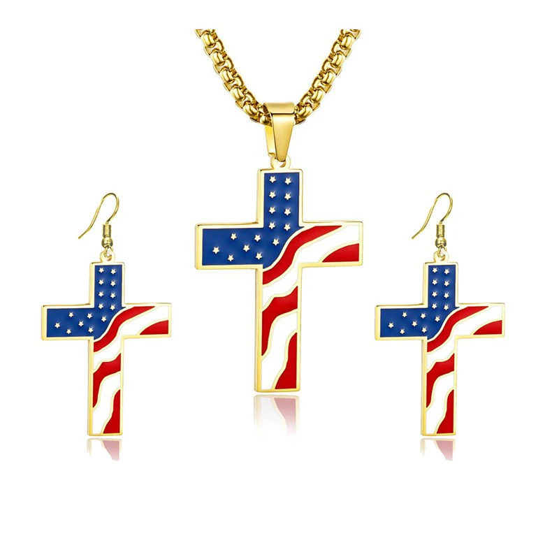 

American Cross Pendant Men's and Women's Drip Oil USA Hip-hop Style Long Necklace Independence Day Ornaments