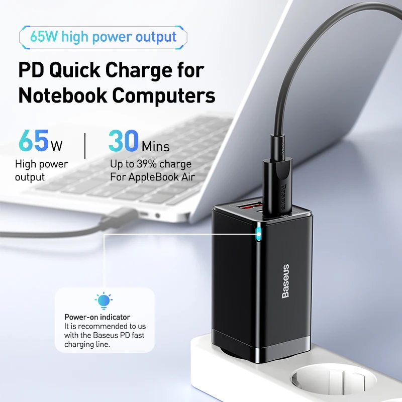 Блок питания Baseus 65W GaN быстрой зарядки Quick Charge 4.0 3.0 Type C PD USB с QC портативный быстрый заряд для ноутбука iPhone 14 13 и