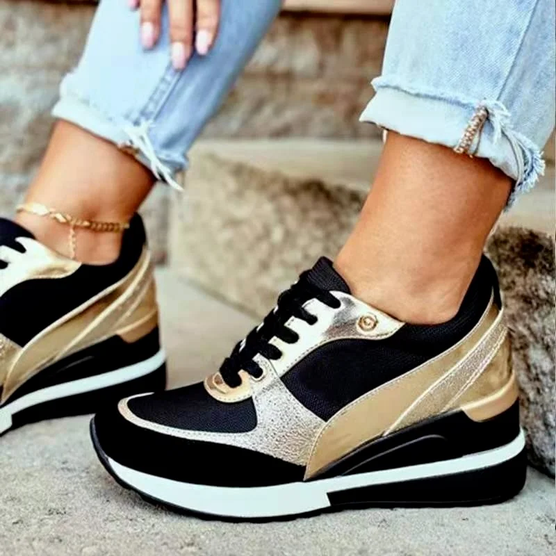 

2022 Spring Autumn Winter New Color Matching Low-top Daily Black Gold Breathable Round Toe Women Slope Heel Casual Female Shoes