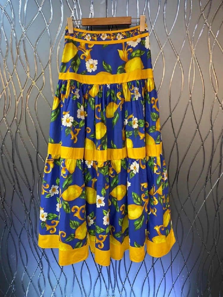 100%Cotton Long Skirts 2022 Summer Fashion Skirts High Quality Women Tropical Prints Casual Long Blue Maxi Skirts Clothing