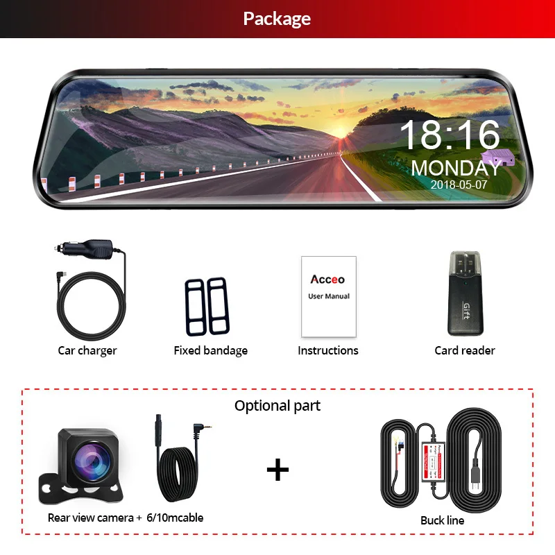 $63.14 Acceo 10 Inch Touch Screen Stream Media 1080P Night Vision Dashcam Dual Lens Auto Registrar Video Recorder 1080P RearView Mirror