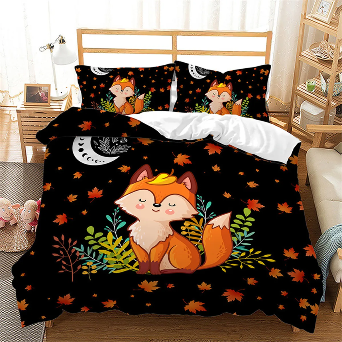 

Cartoon Fox Duvet Cover Kawaii Animal Autumn Leaves Maple Leaf Theme Woodland Animals for Kids Women Girls Bedroom Decoration