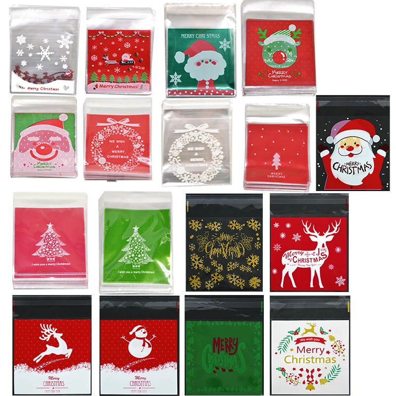 

50/100pcs Christmas Candy Bags Santa Claus Reindeer Snacks Gift Bag Cookie Self-adhesive Plastic Packaging Bags Party Candy Bag