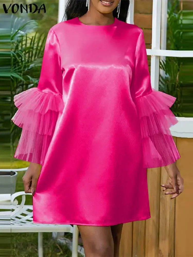 Женское платье-мини VONDA 2024 богемное атласное шелковое платье с длинным рукавом и