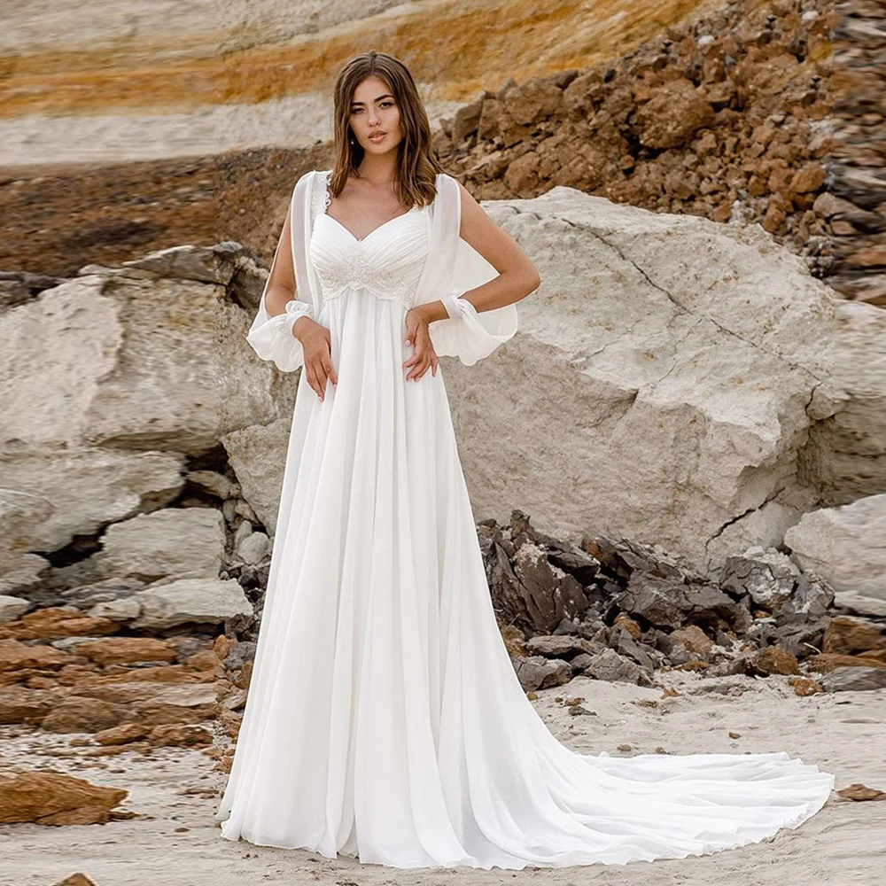 

Boho Beach White Empire Wedding Dresses For Bride Long Train Pregant Bridal Gown Floor Length Lace Up Back Sweep A Line Chiffon