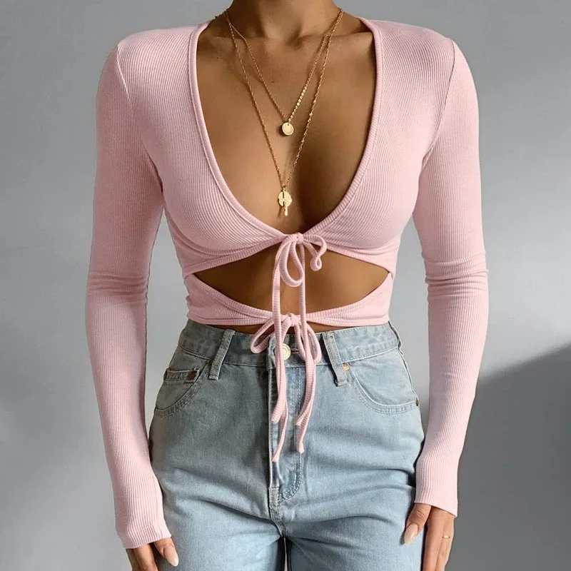 

Новое поступление от Women2022, сексуальные бандажные футболки с глубоким V-образным вырезом и длинным рукавом, Женская однотонная Модная тонка...