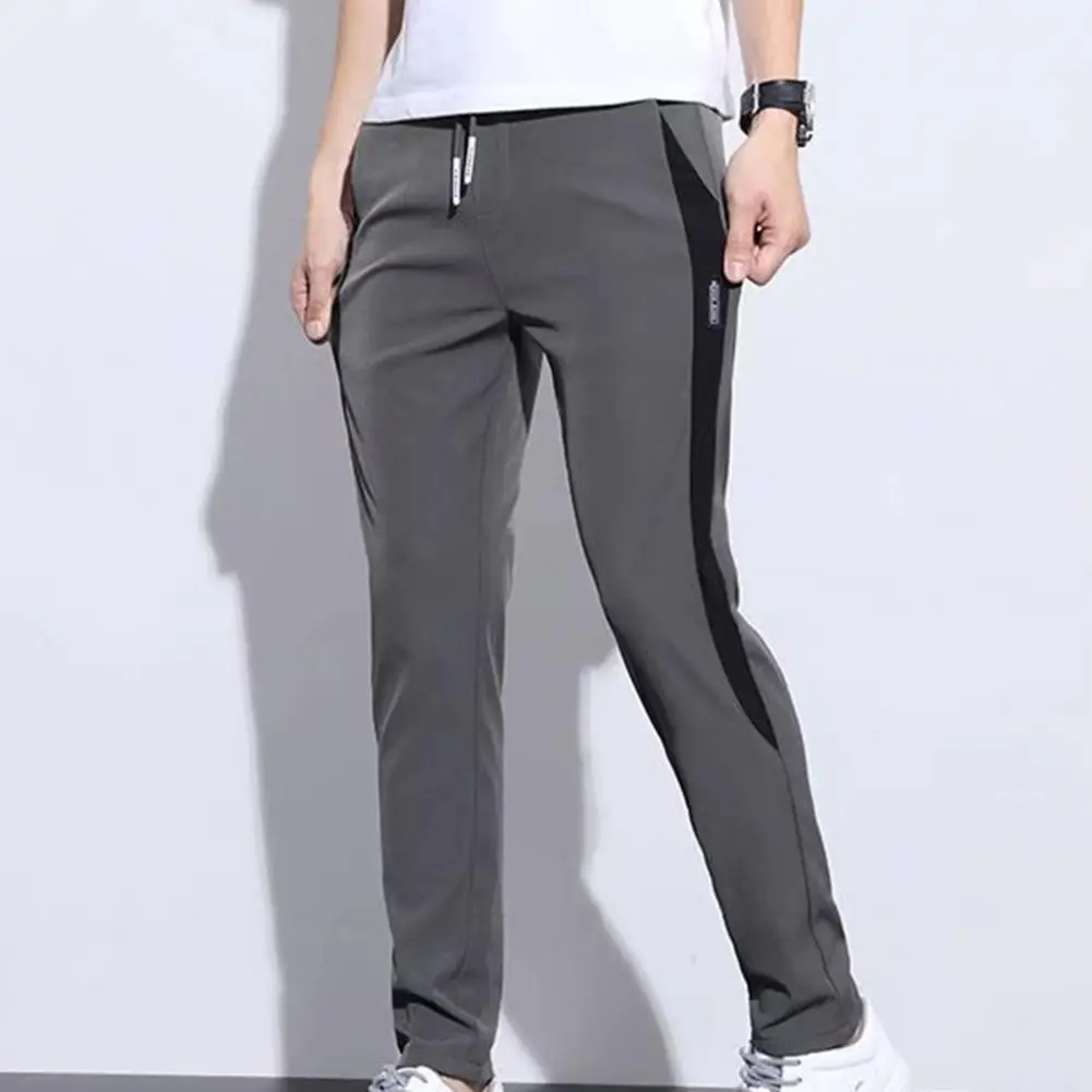 

Stylish Pencil Pants Breathable Men Trousers Patchwork Contrast Color Lace-up Sweatpants Straight