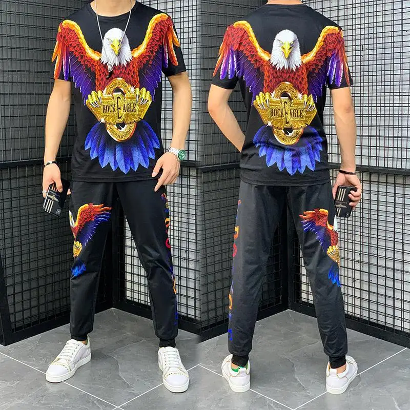 New short sleeve suit men's summer casual youth personality half sleeve two-piece fashion trend eagle printing suit