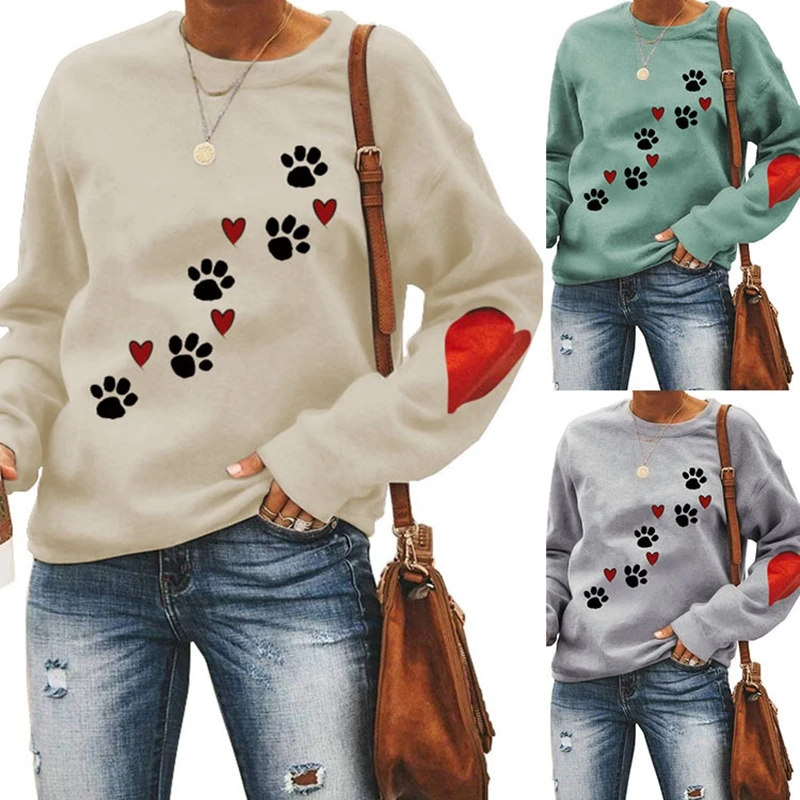 New Autumn and Winter Cotton Fashion Love Dog Print Retro Casual Round Neck Long Sleeve Loose Sweater Girl