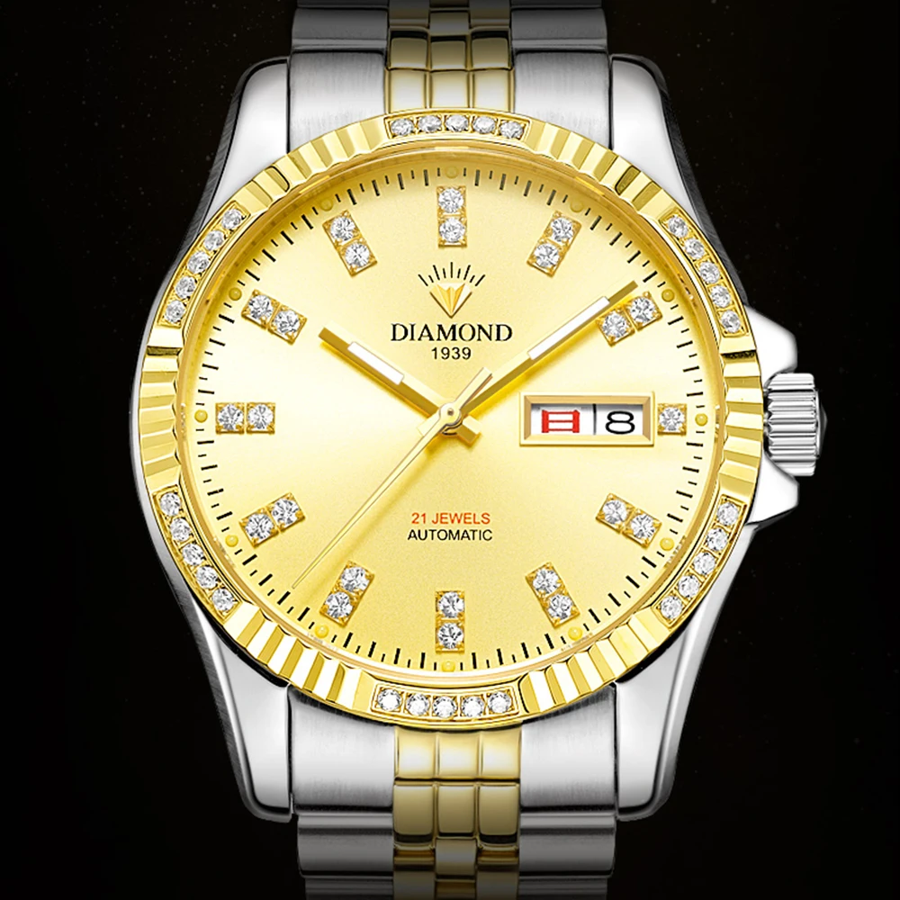 

Shanghai Diamond Golden Watch Men Luxury Automatic Watch 40mm Mechanical Wristwatches Top Brand Classic Clocks Homage 1939 Retro