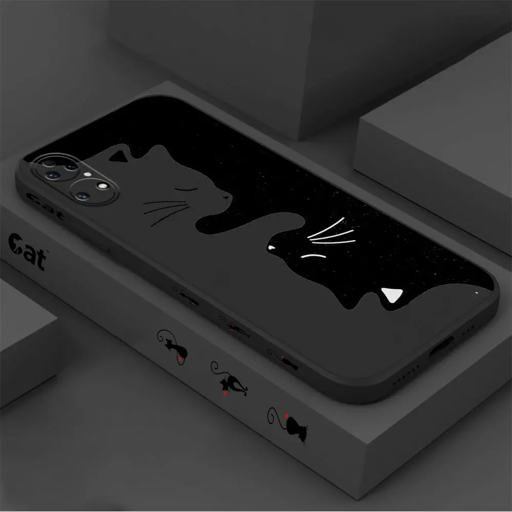 Funny Black Aggrieved Cat Phone Case For Huawei P60 P50 P40 P30 P20 Mate 50 40 30 20 20X 10 Colour Liquid Silicone Cover Funda