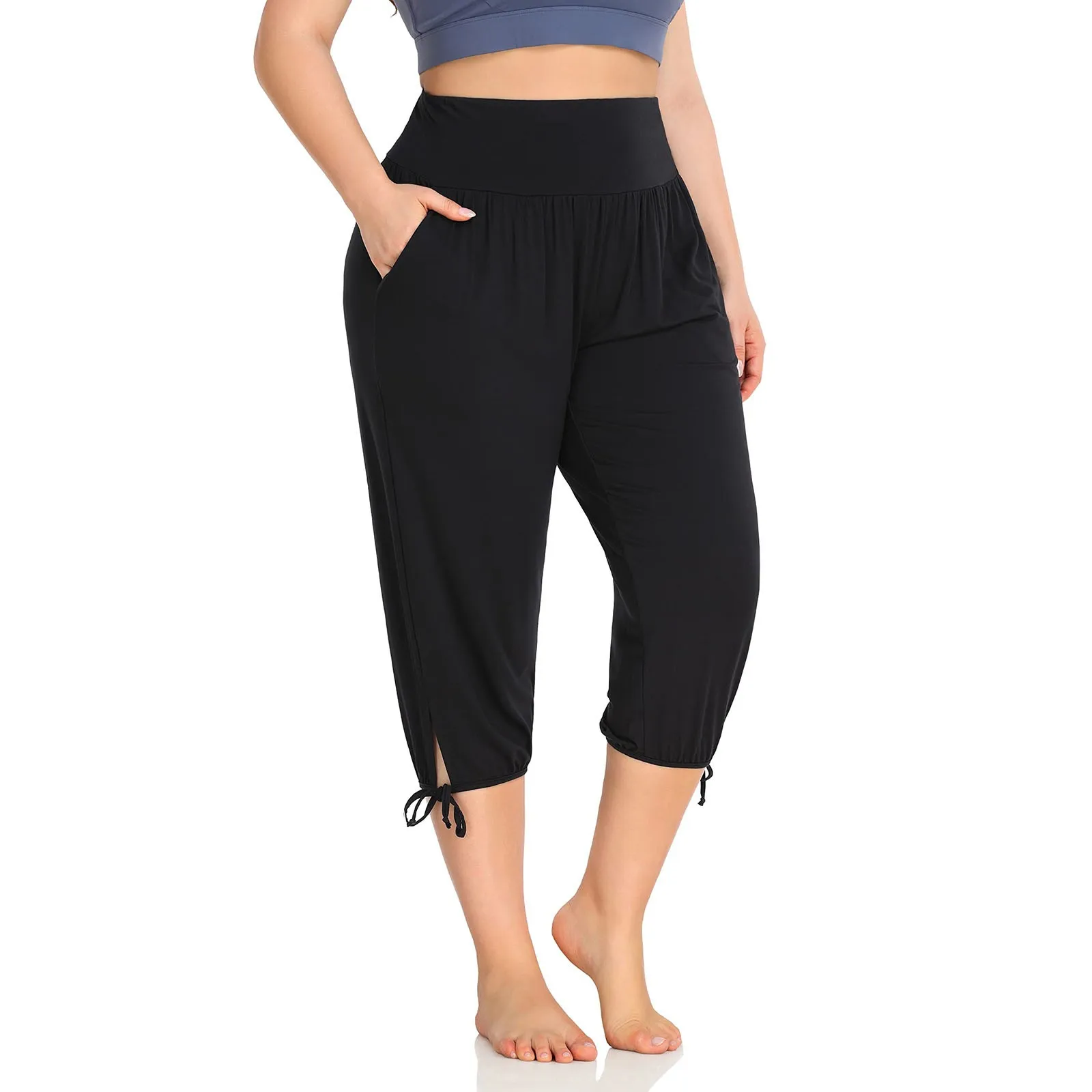 

Women'S Plus Size Yoga Capri Pants Indoor Loose Cotton Casual Comfy Relaxed Joggers With Pockets Lace-Up Cuffs Trousers