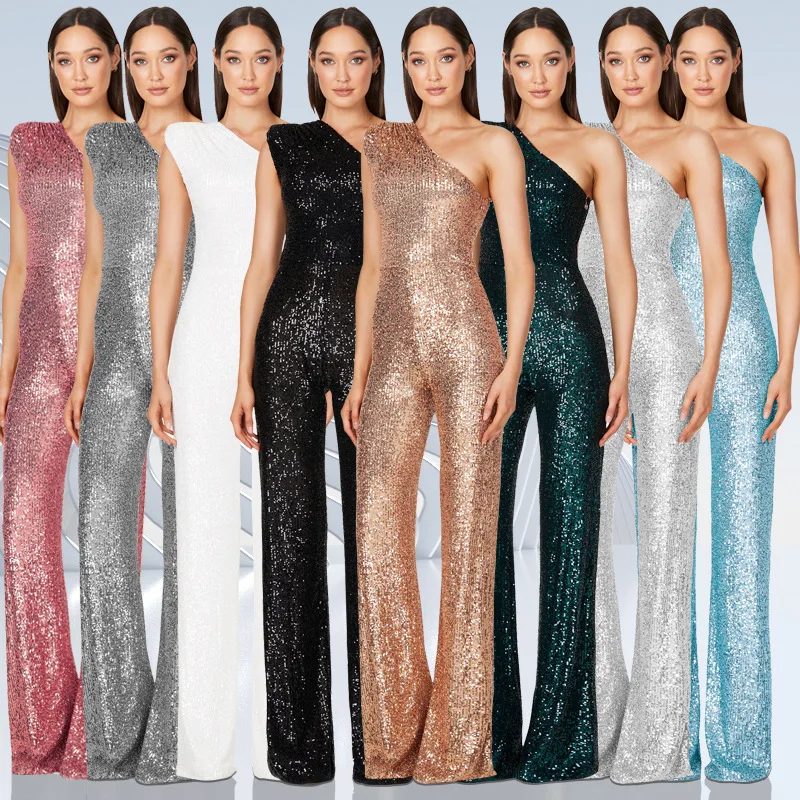 

Women Elegant Long Jumpsuits Slanted Collar Party 2023 Sexy Glitter Sequin Club Playsuits Fashion Backless Solid Romper