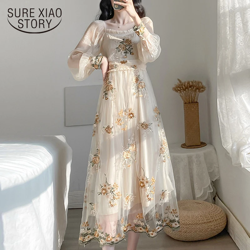 2022 элегантное платье с вышивкой для женщин цветочным рисунком и рукавом фонарик