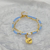 custom fashion multi level peach heart pendant bracelet ladies color steel color beads metal geometric bracelet handmade jewelry