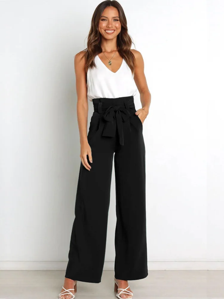 

Causal Basis Suit Pants for Women Office Lady Elegant Pocket High Waist Solid Wide Leg Pants Female Work