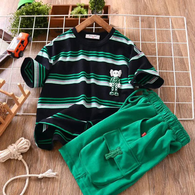 

Boys' summer suit kids' 2022 cool handsome fried Street stripe children's and teenagers' short sleeve T-shirt overalls