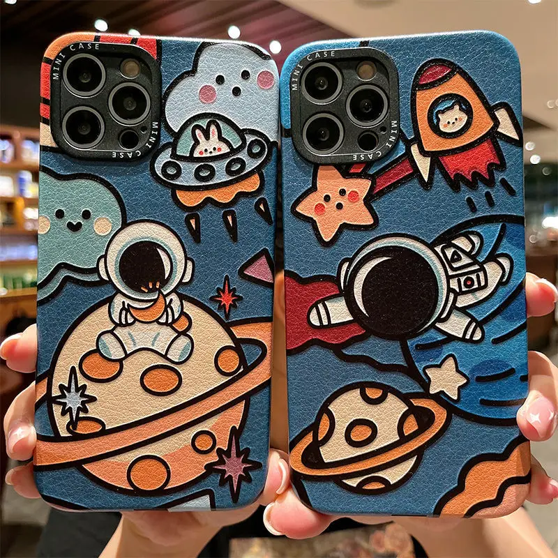 

Cute Astronaut Spaceship Planet Leather Phone Case phone case For iphone 13 12 11 8 7 pro max X XR XS XSMAX Camera full coverage