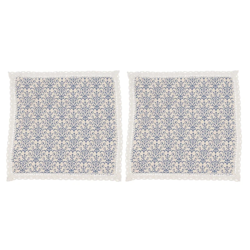 

2X Retro Blue and White Table Cloth with Lace Cotton & Linen Print Chinese Style Rectangular Tablecloths Cover 60 x 60cm