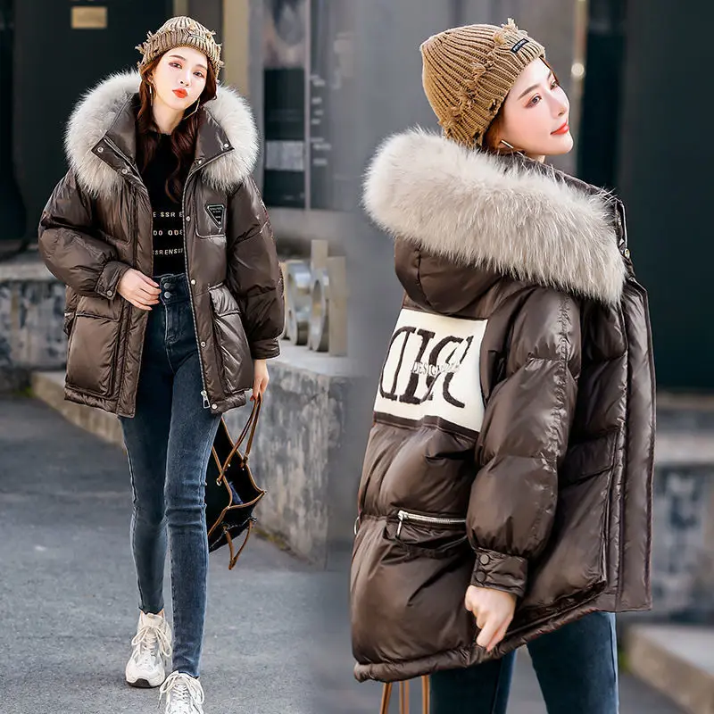 New Winter Coat for Women Coats Parkas Jackets Hooded Cotton Padded Jacket Korean Fashion Large Fur Collar Spliced Letters Loose