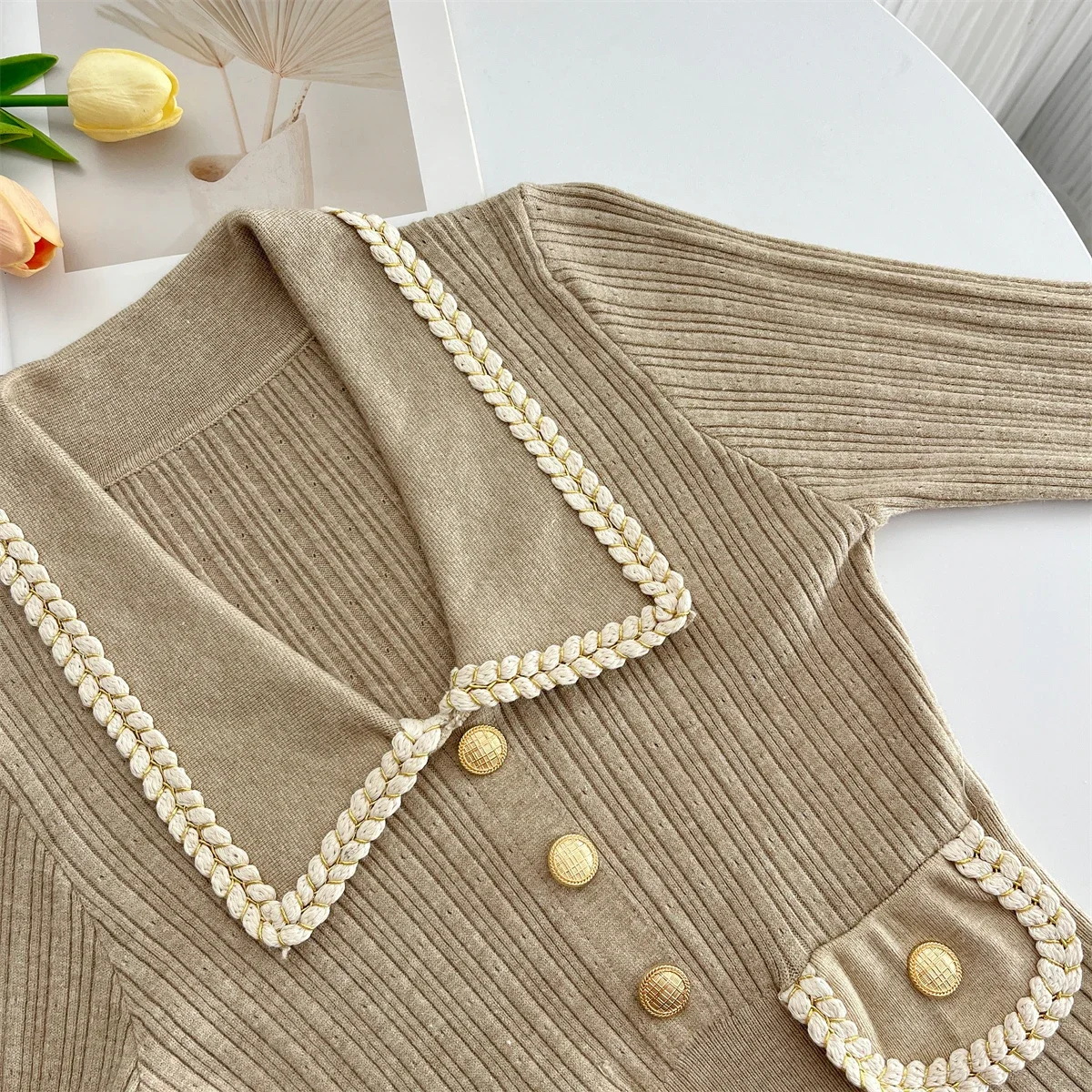 Женское элегантное трикотажное платье осень-зима французское тонкое винтажное