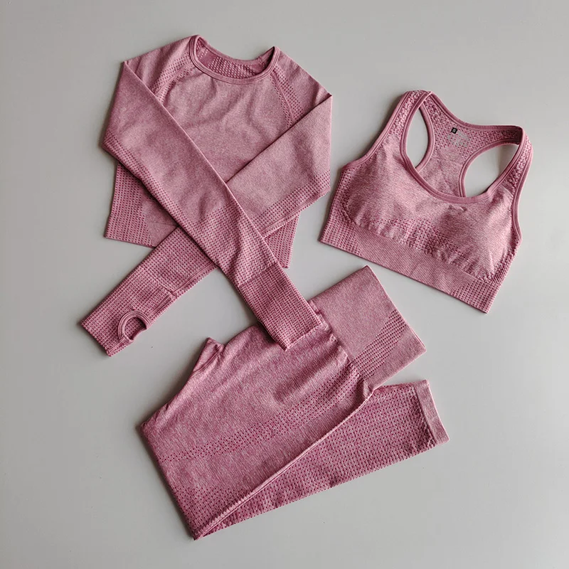 3 PCS Seamless Yoga Set Women Workout Sets Sportswear Long Sleeve Crop Top High Waist Leggings Gym Clothes Sports Suits Female