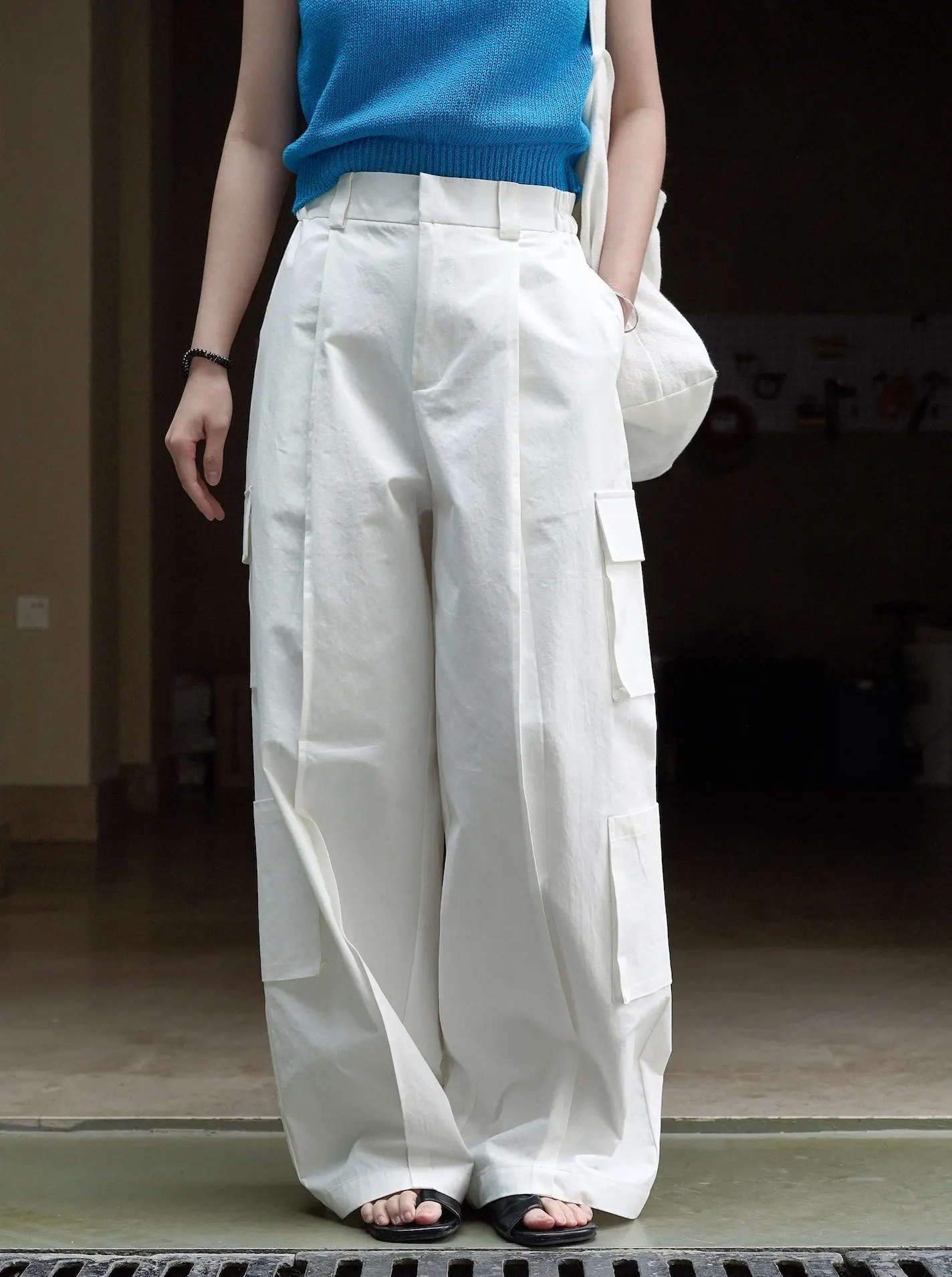 Spring Summer Women's Casual Solid High Waist Loose Pocket Decorative Wide Leg Pants