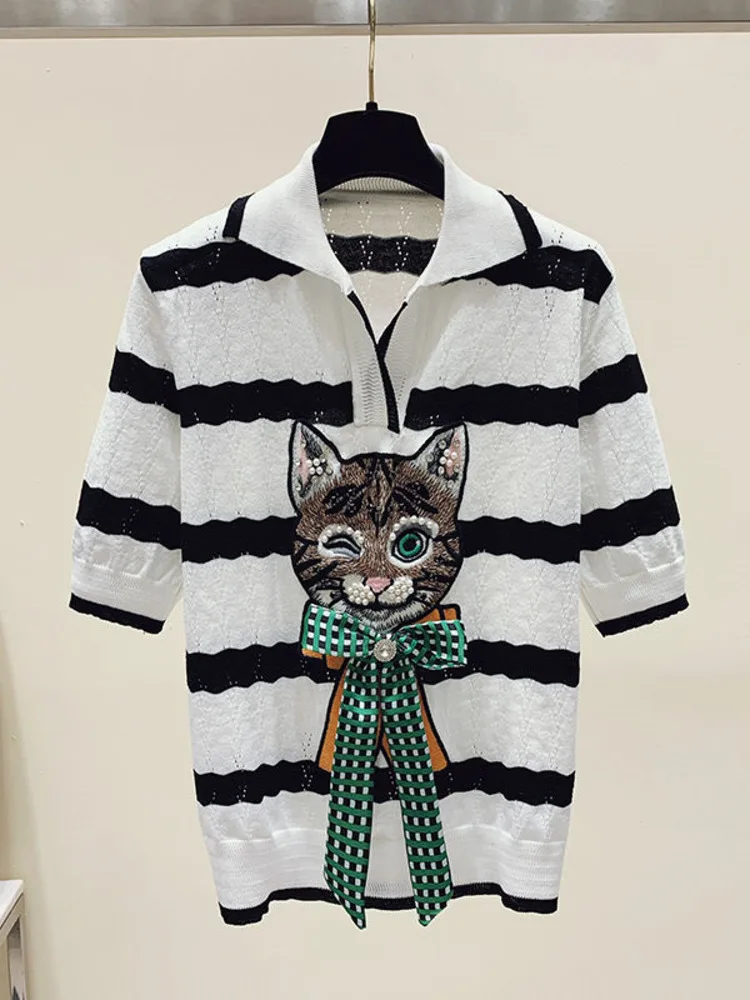 New Summer Cartoon Cat Embroidery Striped Short Sleeve Sweater Women's Knitted Bow Beading Thin Hollow Knitwear Jumper Tops