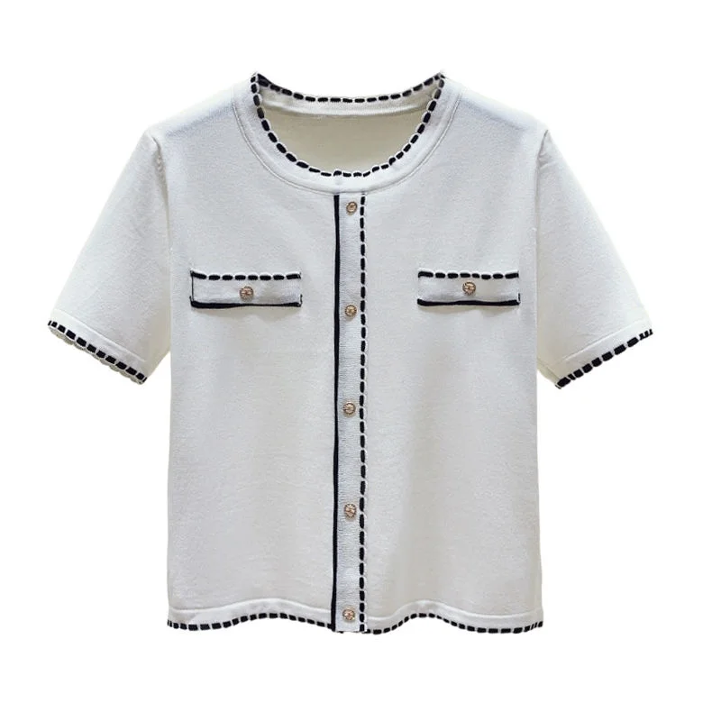 

2022 Summer French Style Small Fragrant Silk Knitted Short Sleeve T-Shirt Women's New Chic Small Shirt High Waist Short Top