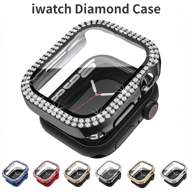 

Diamond+Tempered Film Case For Apple Watch 8 7 45mm 44mm 41mm 40mm 42mm Glass Protective Cover For iWatch Series 6 5 4 SE Shell